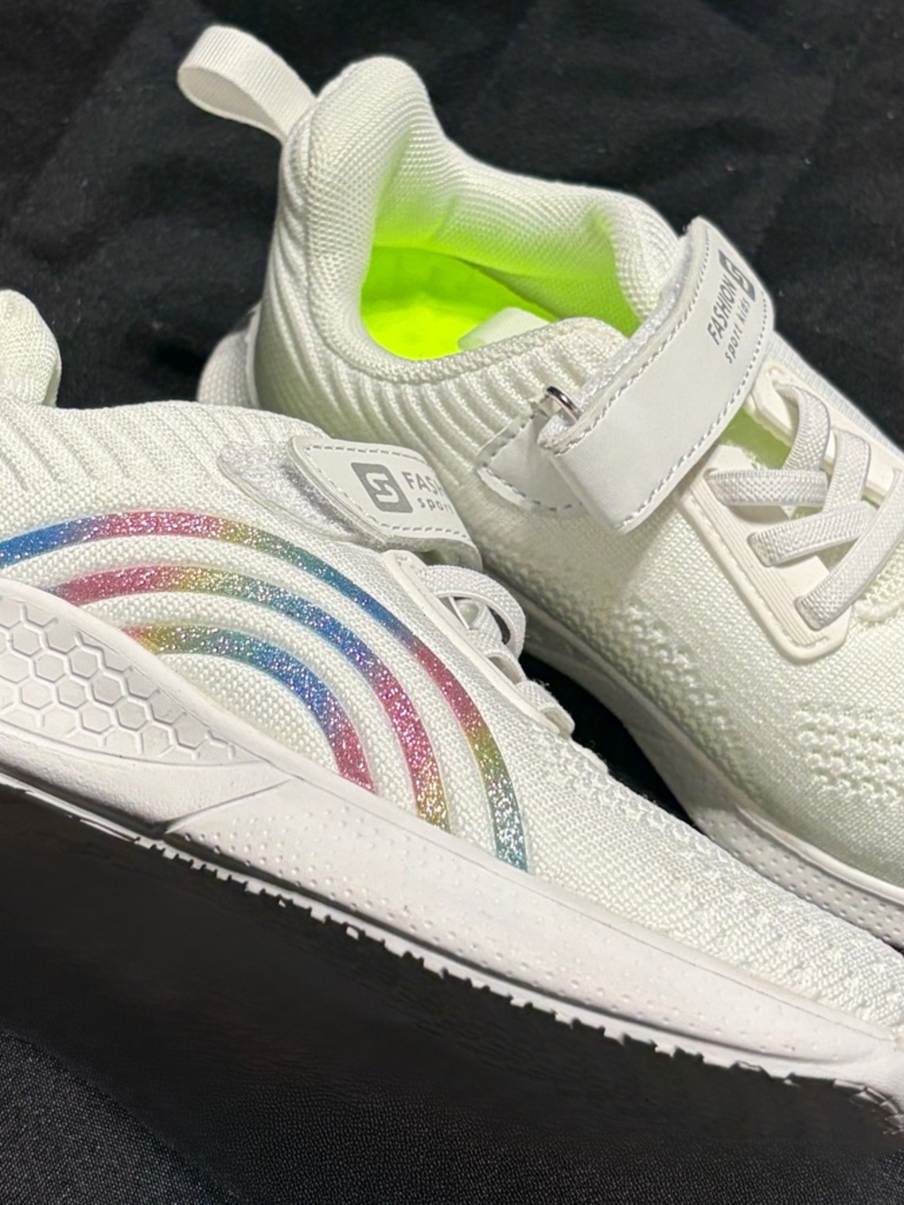Kids White Sneakers with Rainbow Glittery Accents Size 12